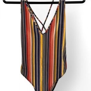 Multi-coloured striped swimsuit with criss-cross back #swimwear Forever 21